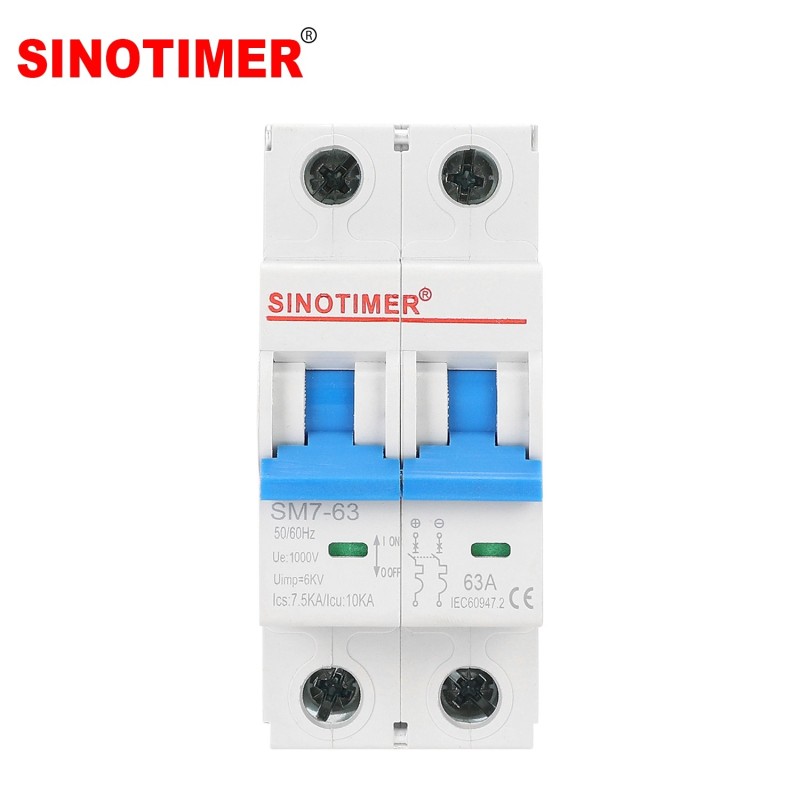 Siguranță automată DC bipolară SINOTIMER SM7-63, 63A, 1000V DC, 10kA, pentru sisteme fotovoltaice, montaj pe șină DIN